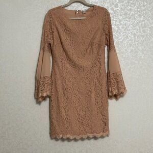Venus Taupe Beige Lace‎ Overlay Bell Sleeve Dress Knee Length Sheath Lined Sz 12